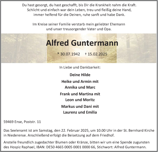 Traueranzeige von Alfred Guntermann von Tageszeitung