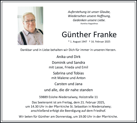 Traueranzeige von Günther Franke von Tageszeitung