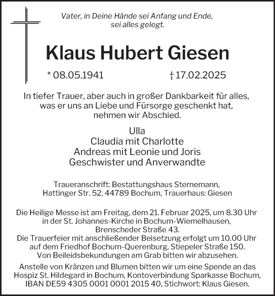 Traueranzeige von Klaus Hubert Giesen von Tageszeitung