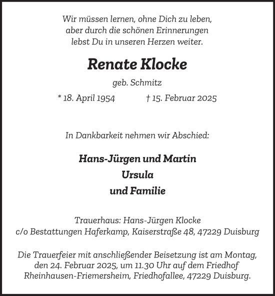 Traueranzeige von Renate Klocke von Tageszeitung