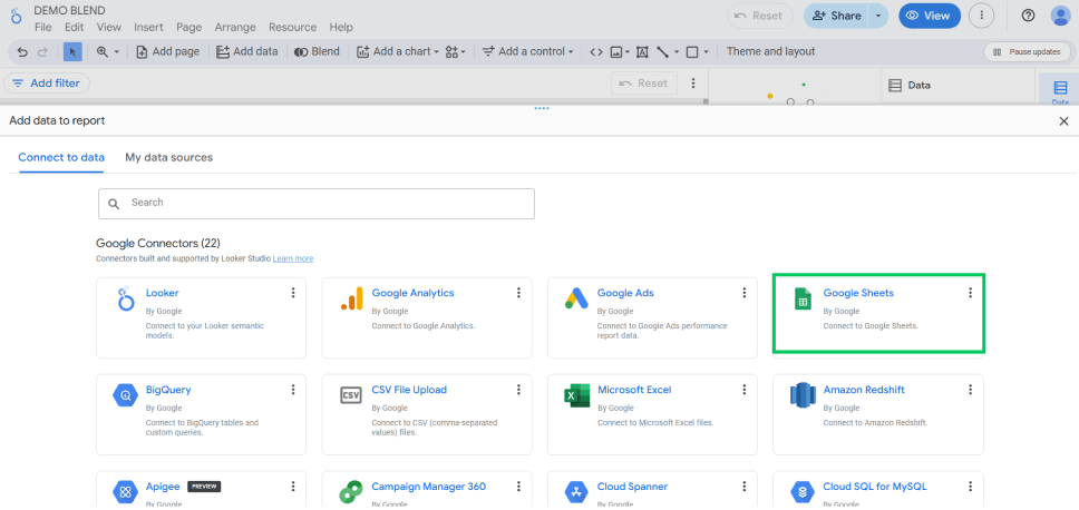 Select google sheets connector to import data
