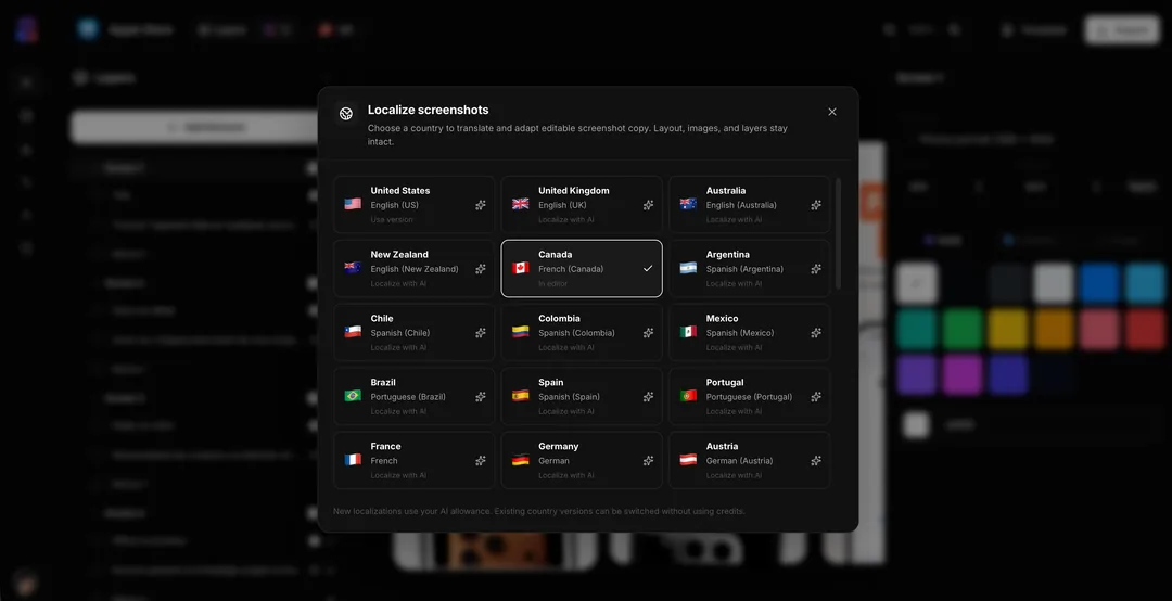 AppGrowthKit localization picker with markets and languages for screenshot copy