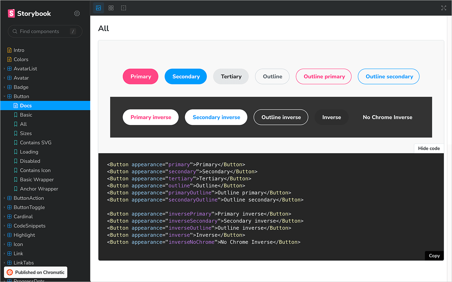 button variations in Storybook documentation