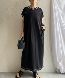 She's Closet（シーズクローゼット）の「配色ステッチポケット半袖フレンチスリーブロング丈Tシャツワンピース（ワンピース）」