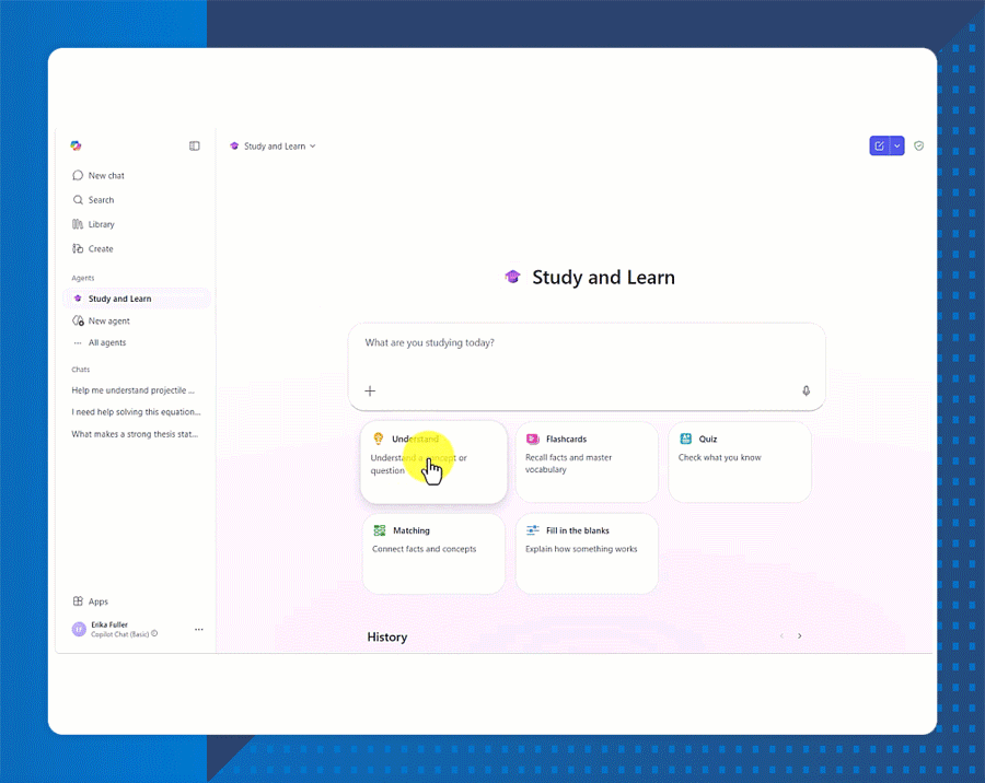 Microsoft Study and Learn interface showing AI study tools like flashcards, quiz, and matching options with input prompt.