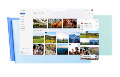 A tablet and a smartphone displaying a photo gallery app with various landscape and personal photos. 