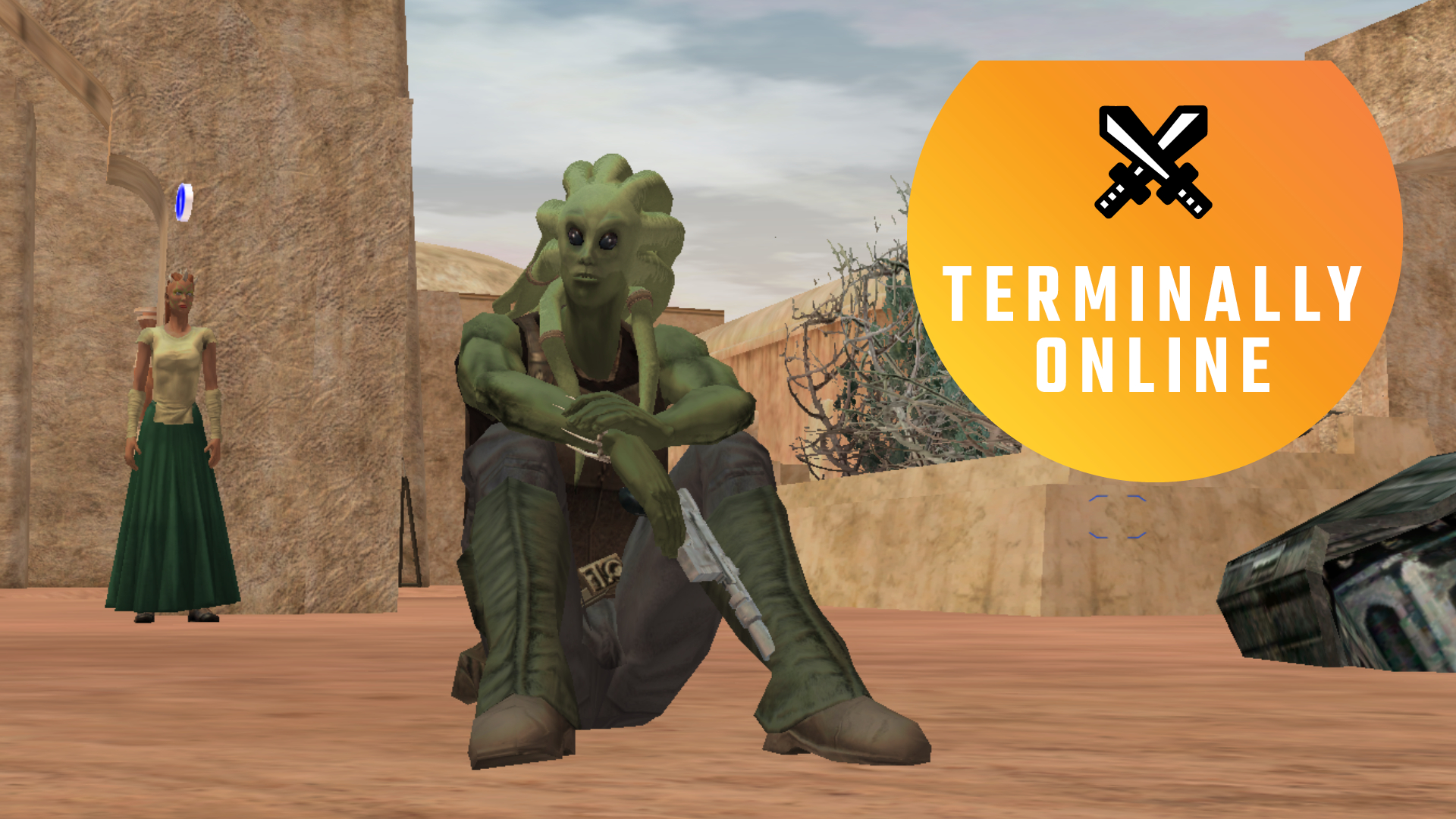 A nautolan sitting in Mos Eisley in Star Wars Galaxies.