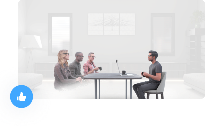 Four people sitting at a table. All of them wear VR glasses, three are fuzzy representing that they are holograms. Gray office background.