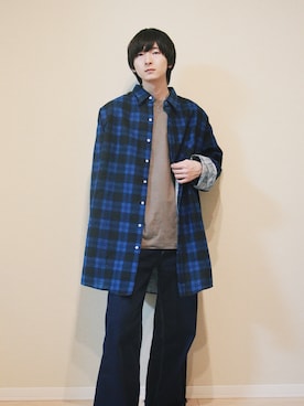 「古着のアイテム（シャツ/ブラウス、ブルー系）」を使った、ゆーたまるさん（メンズ・174cm）の春コーディネート