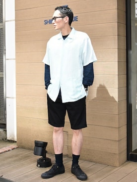 「Dickies（ディッキーズ）の【OCEANS 7月号掲載】DICKIES: 別注 BELTED ショーツ■（その他パンツ、ブラック系）」を使った、福山さん（メンズ・178cm）の夏コーディネート