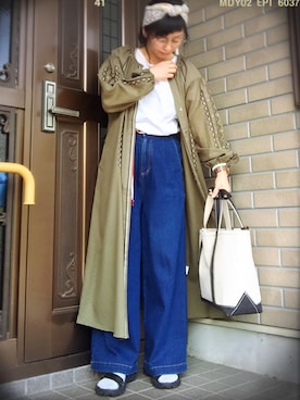「Heather（ヘザー）のフトベルトデニムワイドパンツ　736147（デニムパンツ、ブルー系）」を使った、kouさん（レディース）の春コーディネート
