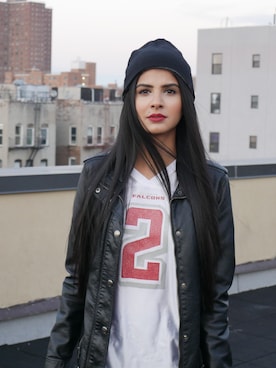 「wet seal（ウエットシール）のアイテム（ライダースジャケット、ブラック系）」を使った、Maryam Ishtiaq-Shahさん（レディース・168cm）の春コーディネート
