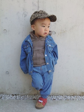「BRANSHES（ブランシェス）のボリュームロングパンツ（その他パンツ、ブルー系）」を使った、sahopapaさん（キッズ・90cm）の冬コーディネート
