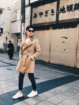 「LOVELESS（ラブレス）の【LOVELESS】MENS スプリングトレンチコート（トレンチコート、ベージュ系）」を使った、Daichiさん（メンズ・180cm）の冬コーディネート