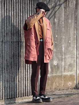 「KANGOL（カンゴール）のアイテム（ハンチング/ベレー帽、ブラック系）」を使った、ASAさん（メンズ・166cm）の冬コーディネート