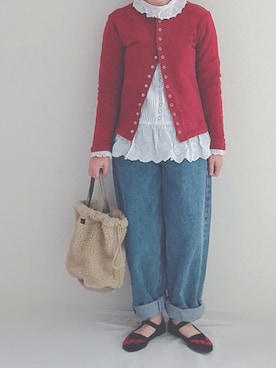 「BEAMS BOY（ビームスボーイ）のBEAMS BOY / レース スカラップ ロングスリーブ（シャツ/ブラウス、ホワイト系）」を使った、Chii🌈さん（レディース・155cm）の秋コーディネート