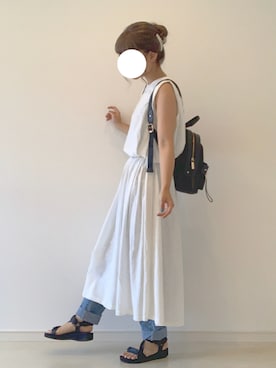 「chocomee（チョコミー）のAラインノースリーブワンピース（ワンピース、ホワイト系）」を使った、yuri*さん（レディース・152cm）の夏コーディネート