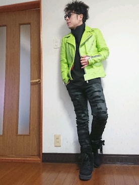 「アイテム（ライダースジャケット）」を使った、masashiさん（メンズ・157cm）の冬コーディネート