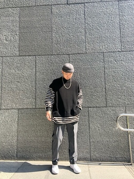 「UNITED TOKYO（ユナイテッドトウキョウ）のニットベストドッキングカットソー/オーバーT/2021 SPRING（Tシャツ/カットソー、ブラック系）」を使った、utkai1205さん（メンズ・175cm）の冬コーディネート