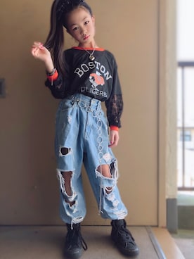 「アイテム（ベルト）」を使った、momo☺︎さん（キッズ・138cm）の春コーディネート