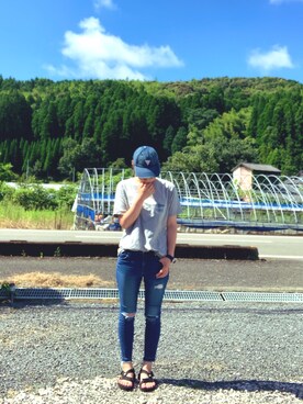 「AVIREX（アヴィレックス）のAVIREX/アヴィレックス/米綿 ピンナップ ガールTシャツ/US COTTON  PIN-UP GIRL T-SHIRT（Tシャツ/カットソー、グレー系）」を使った、xxx.さん（168cm）の夏コーディネート