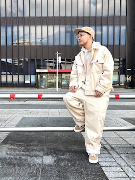 「アイテム（オールインワン・サロペット、ホワイト系）」を使った、いなばちさん（メンズ・165cm）の秋コーディネート