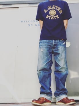 「KRIFF MAYER（クリフメイヤー）のTOUGHTEE(タフティー)半袖Tシャツ【カレッジ】（Tシャツ/カットソー、ブルー系）」を使った、ハマちゃんさん（メンズ・180cm）の夏コーディネート