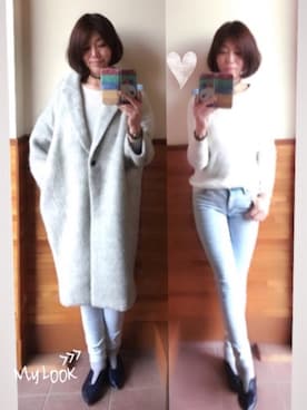 「UNIQLO（ユニクロ）のコットンカシミヤリブセーター（長袖）（ニット/セーター、ホワイト系）」を使った、えまみーさん（レディース・171cm）の冬コーディネート
