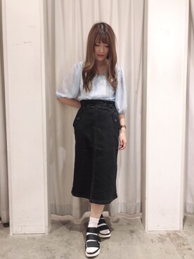 「E hyphen world gallery（イーハイフンワールドギャラリー）の2wayチェックブラウス（トップス、ブルー系）」を使った、ayano♡さん（レディース・155cm）の夏コーディネート