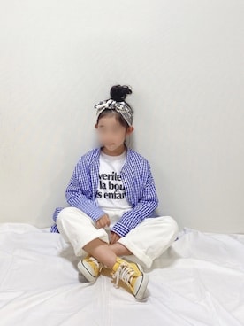 「antiqua（アンティカ）の拘りの素材とシルエット「ギンガムチェックシャツ」（シャツ/ブラウス）」を使った、hinacoccoさん（キッズ・120cm）の春コーディネート