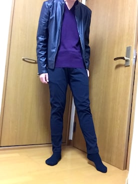 「アイテム（ライダースジャケット）」を使った、遥稀さん（メンズ・177cm・10代）の冬コーディネート