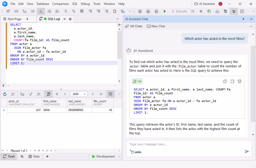 Conversion of natural language to SQL via AI