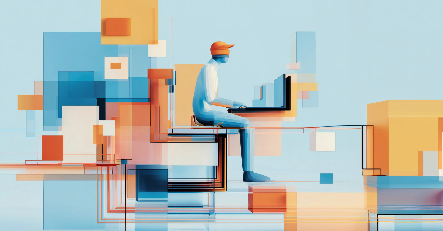 Abstract illustration of a person at a laptop surrounded by colorful overlapping rectangles and blocks illustrating practical techniques for agent evaluation.