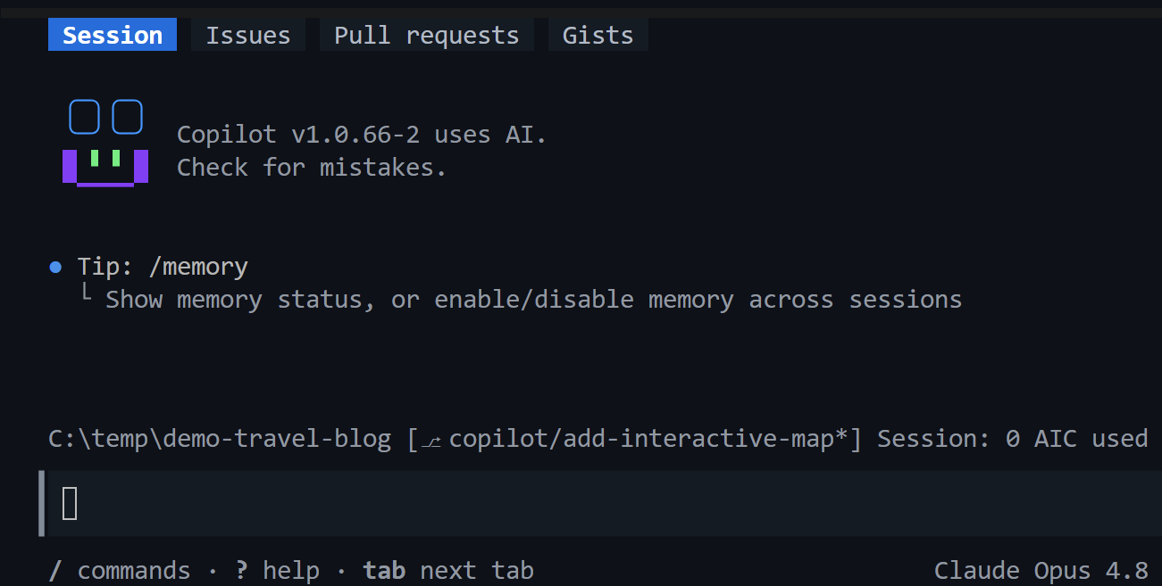 Copilot CLI agent working in a terminal session.
