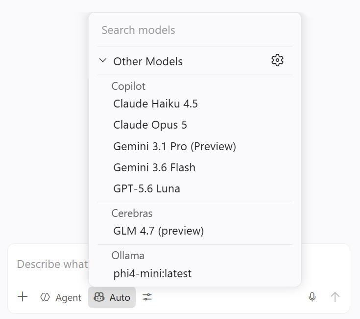 Model picker in VS Code showing models from multiple providers.