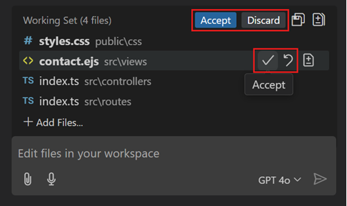 Screenshot showing the Copilot Edits view, highlighting the Accept All and Discard All buttons.