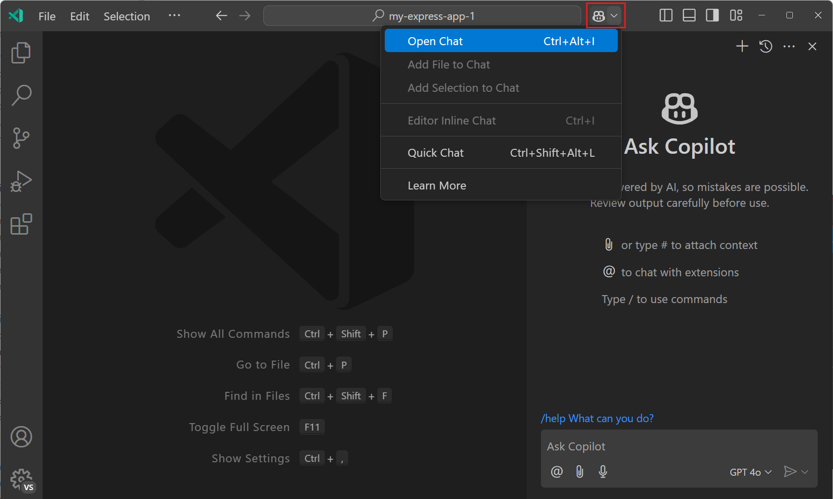 Screenshot of VS Code editor, showing the Copilot Chat view, highlighting the Copilot menu in the Command Center.