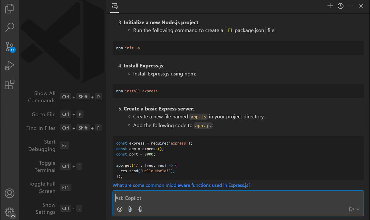 Screenshot of VS Code Copilot Chat view, showing the chat response with code blocks in the response.