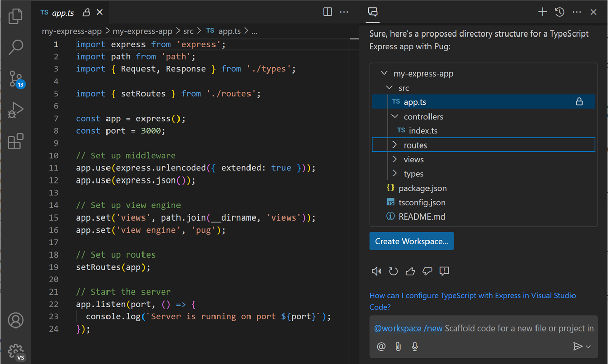 Screenshot of VS Code Copilot Chat view, showing a file tree for a new workspace and a 'Create workspace' button.