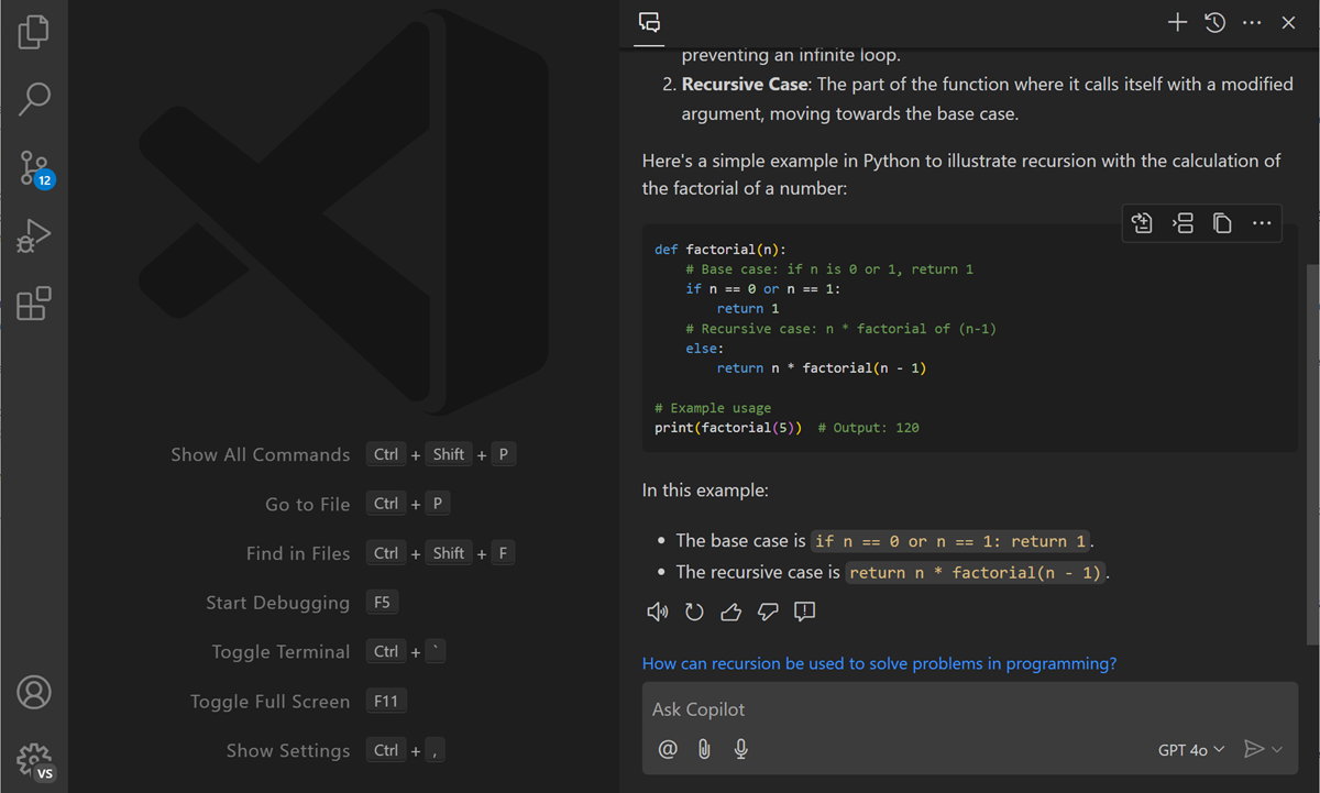 Screenshot of VS Code editor, showing the Copilot Chat view in the Secondary side bar on the right.