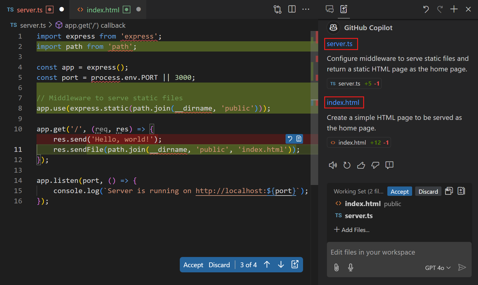 Screenshot of VS Code editor, showing the Copilot Edits response for returning a static HTML page in the web server response.