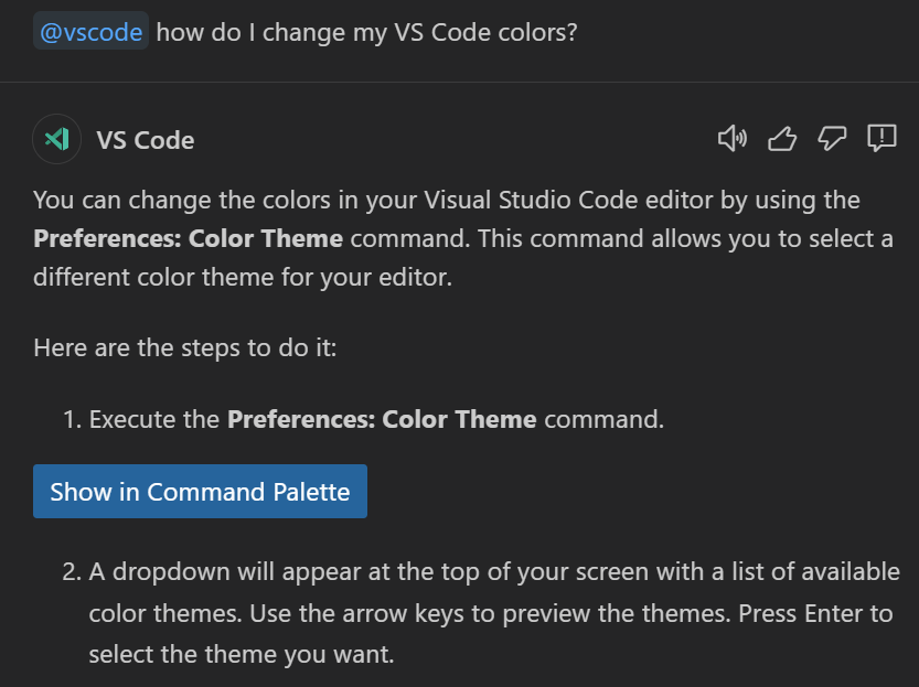 Asking the @vscode participant how to change the VS Code colors