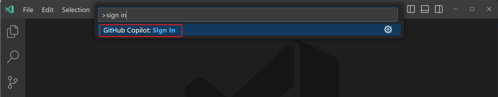 Command Palette in VS Code, showing the option to sign in to GitHub Copilot.