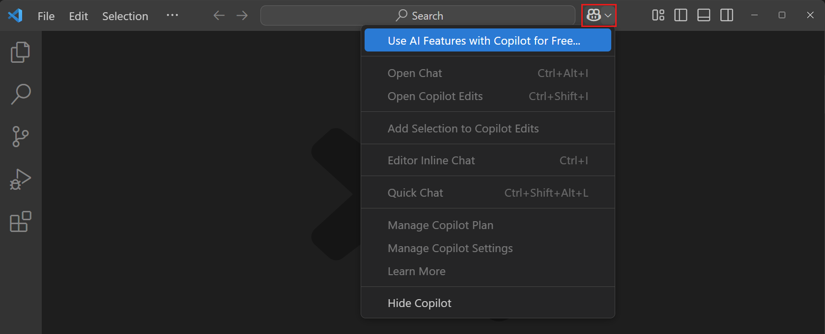 The Copilot menu in the VS Code title bar, showing the option to use AI features with Copilot for free.