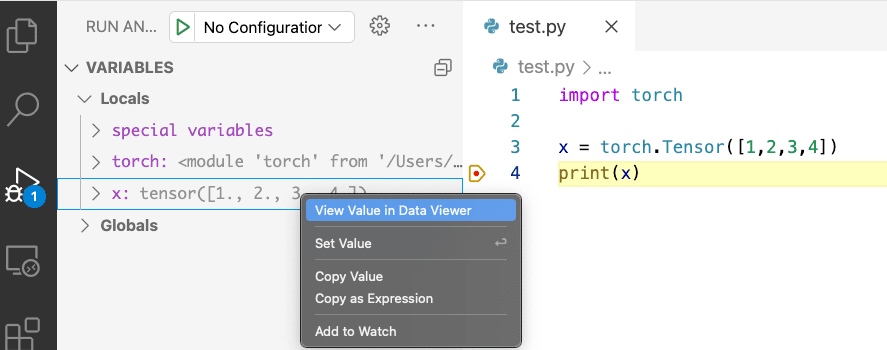 Accessing the Data Viewer from the Python debugger