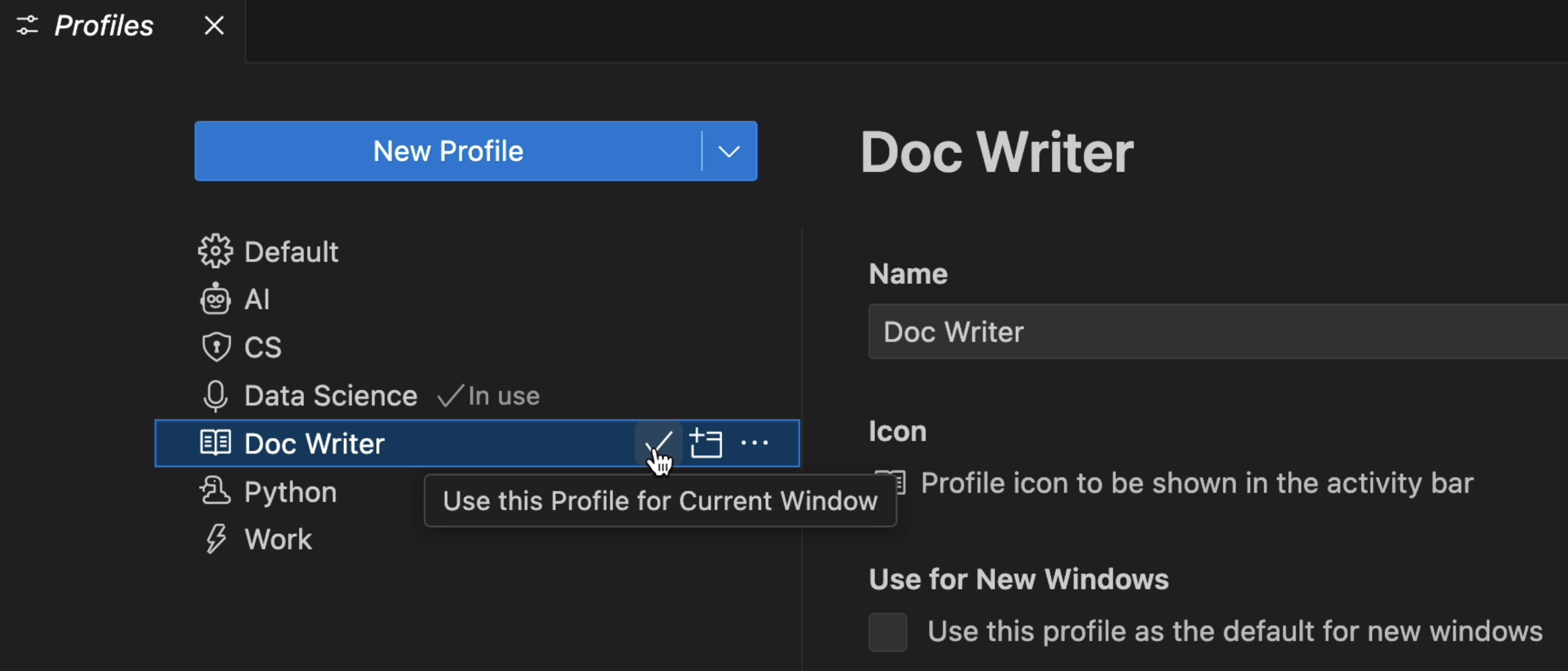 Switch profile from the Profiles editor