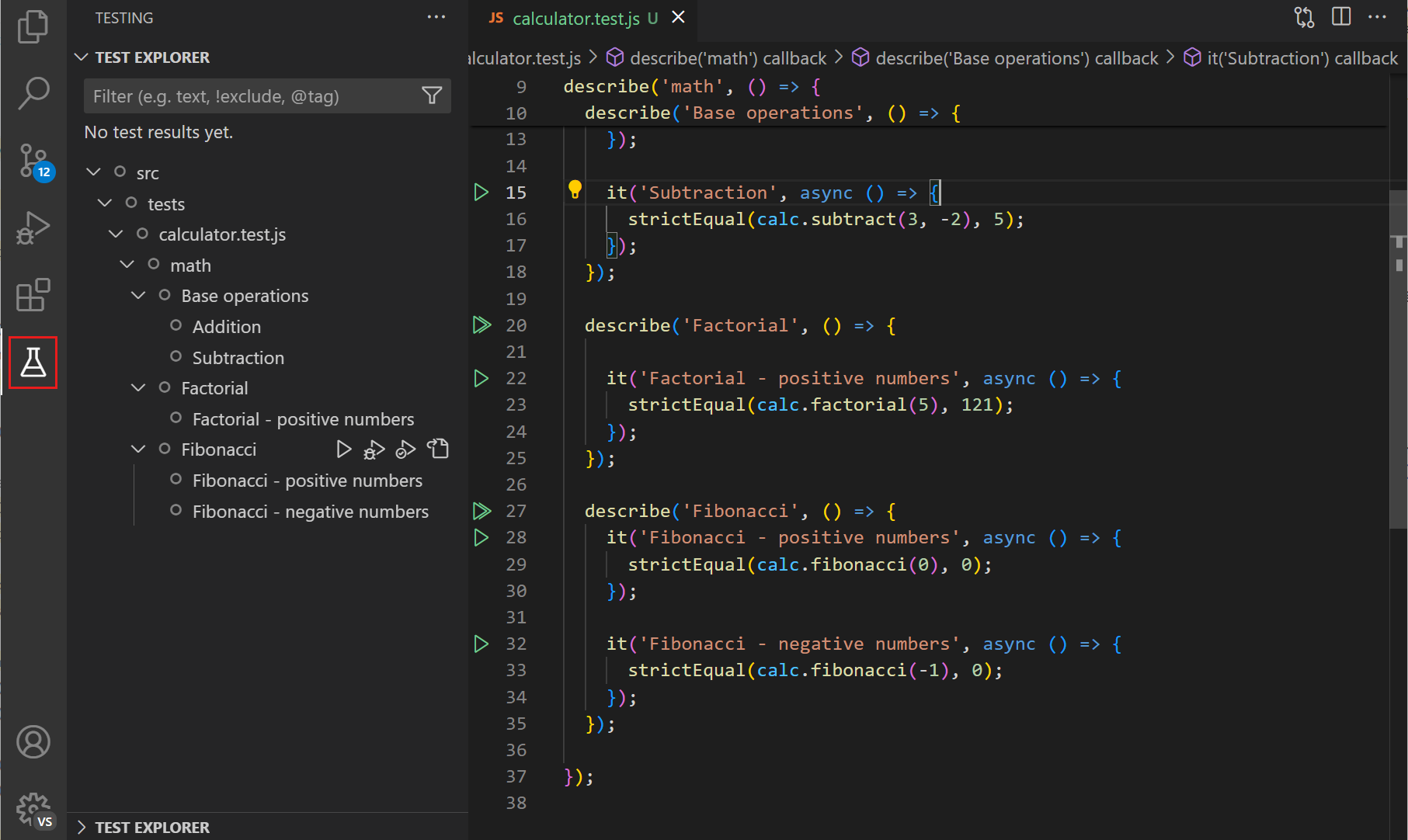 Screenshot that shows VS Code with the Test Explorer showing the tests, matching the test code that is shown in the editor.