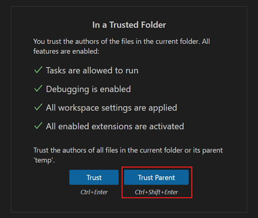 Workspace Trust editor showing the Trust Parent button