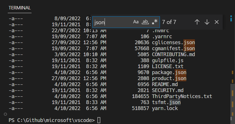 Find in the terminal will highlight all text matching the query