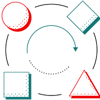 Partner Ecosystem mini illustration has a semicircle arrow with dots completing the rest of the circle inside of a circular outline that has four different shapes equal distances apart on top of it.